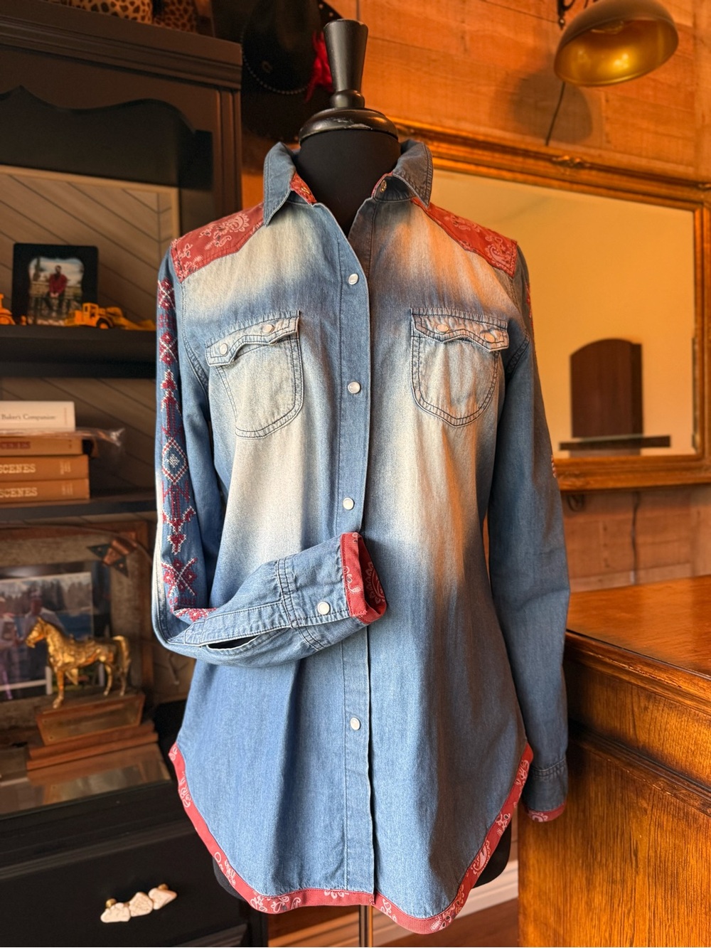 Tasha Polizzi Faded Blue Denim Shirt with Red Bandana Trim